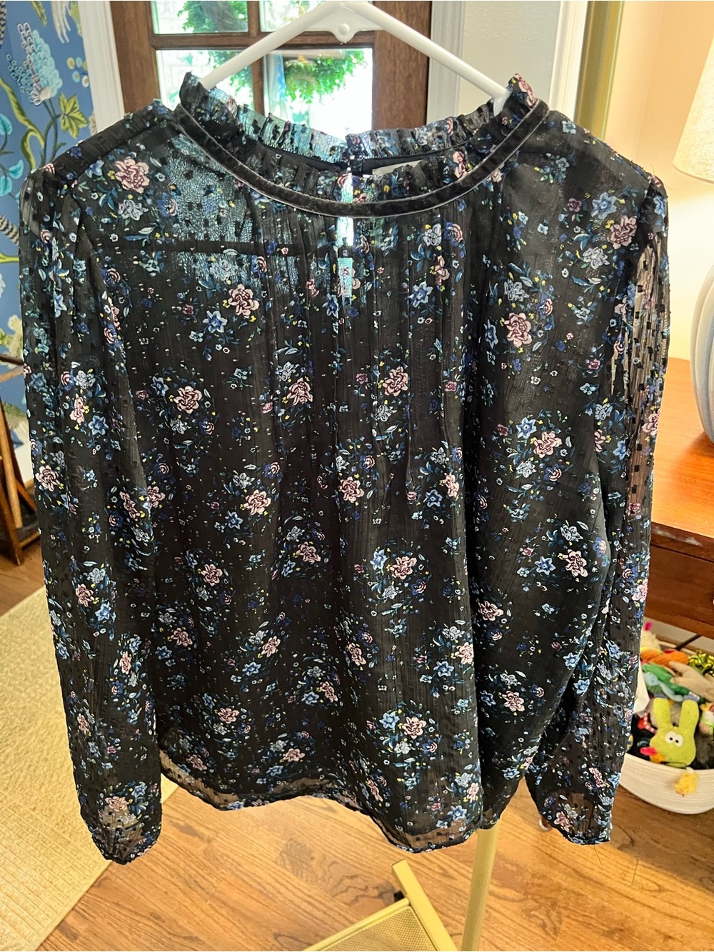 Navy Floral Long-Sleeve Womens Blouse